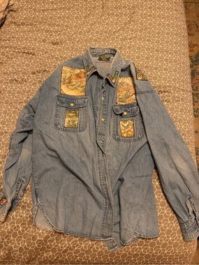Vintage Light Blue Denim Button-Down Shirt with Tapestry Patch Accents